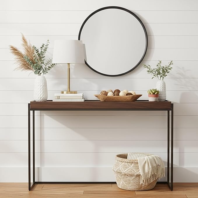 Narrow Console Table Solid Wood, Slim Entryway Table with Storage Groove, Farmhouse Small Sofa Table Behind Couch for Hallway, Living Room, Foyer(Brown 11.8" W,31.5" Lx31.5 H)