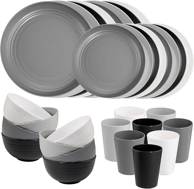 Supernal 32pcs Wheat Straw Dinnerware Sets,Plates and Bowls Sets,Reusable Plastic Plate,Microwave Dishwasher Safe,Plastic Dinnerware Set,Four Color Set 16pcs Plates,8pcs Bowls,8pcs Cups