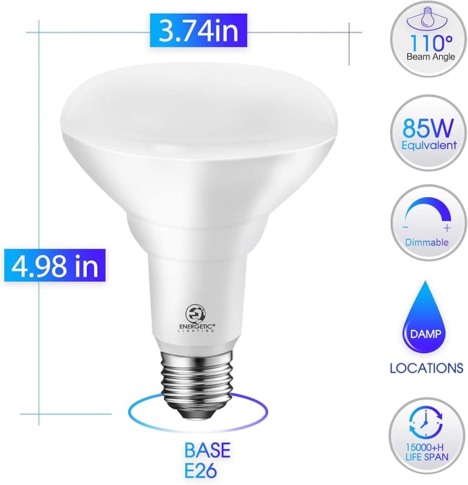 Energetic LED Recessed Light Bulbs BR30, 85W Equivalent, Dimmable, Daylight 5000K, Indoor Flood Lights for Recessed Cans, UL Listed, 12 Pack