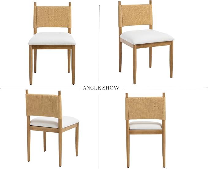 CIMOTA Modern Dining Chairs Set of 6, Mid Century Upholstered Dining Room Chairs with Woven Back, Armless Kitchen Chairs with Natural Solid Wood Legs, Linen Beige