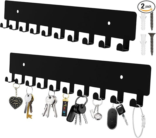 2 Pack Key Holder Wall Mount with 10 Hooks & Includes Screws, Car Key Holder for Wall, Kitchen Hooks, Keys Holders for Entryway, Hallway, Living Room (Black)