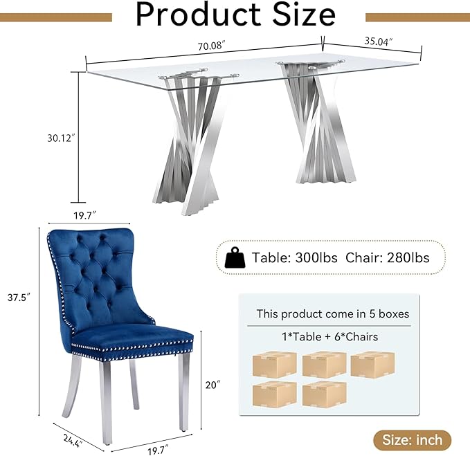7 Piece Dining Table Set with 6 Blue Dining Chairs, Modern Glass Kitchen Table and Chairs Set for 6, 70" Rectangle Silver Glass Pedestal Dining Room Tables with Flash-Shape Stainless Steel Base