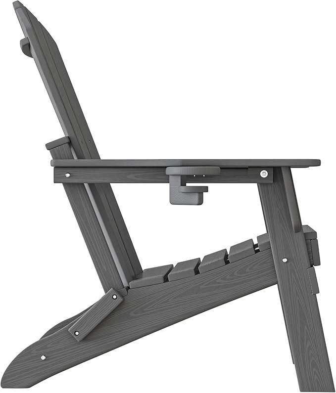 Plawdlik Folding Adirondack Chair, SGS Tested, Wooden Textured with Cup Holder, Heavy All-Weather HDPE Comfortable Set Poolside Backyard Lawn Grey