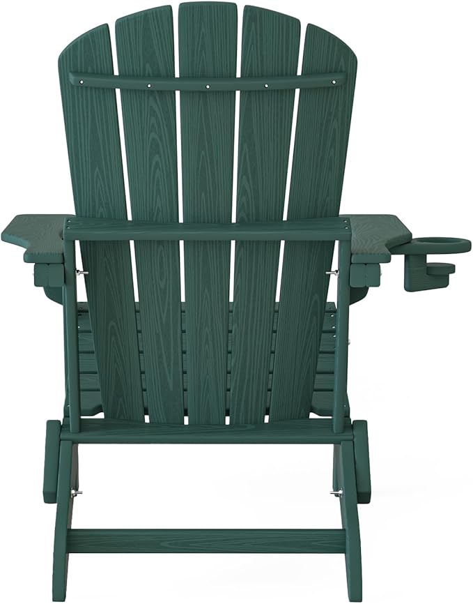 Plawdlik Folding Adirondack Chair, SGS Tested, Wooden Textured with Cup Holder, Heavy All-Weather HDPE Comfortable Set Poolside Backyard Lawn Green Set 4