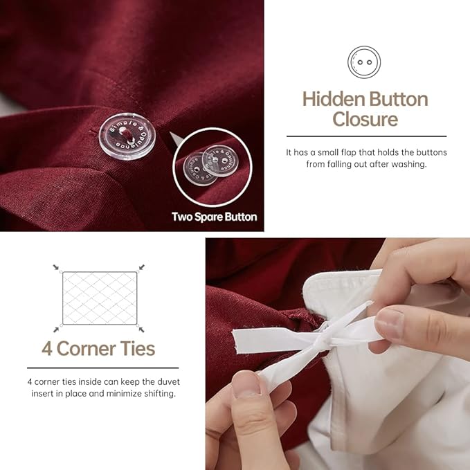 Simple&Opulence French Linen Duvet Cover Set 88" x 92"- 3 Pieces (1 Comforter Cover,2 Pillowcases)- Natural Flax Cotton Blend-Solid Color Breathable Farmhouse Bedding-Burgundy, Queen