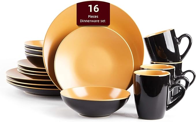 Stoneware Two-Tone Colors Life 16pc Dinner Set，Outside Shiny Black + Inside Matte Glaze Curry
