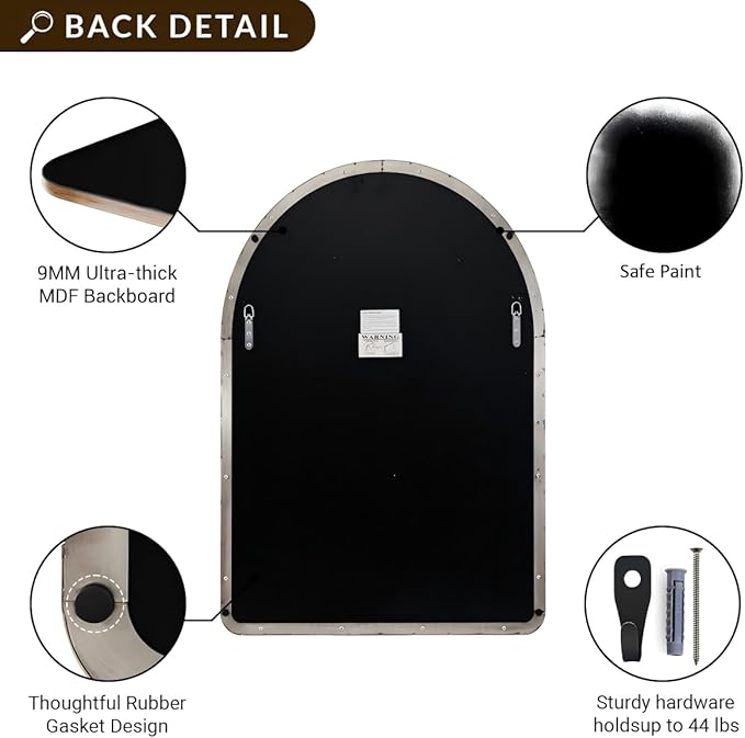 ANDY STAR Arched Mirror, 24 x 36 Inch Brushed Nickel Bathroom Mirror with Stainless Steel Metal Frame, Arch Top Rounded Corner 1 Inch Deep Set Design Wall Mount Hangs Vertical