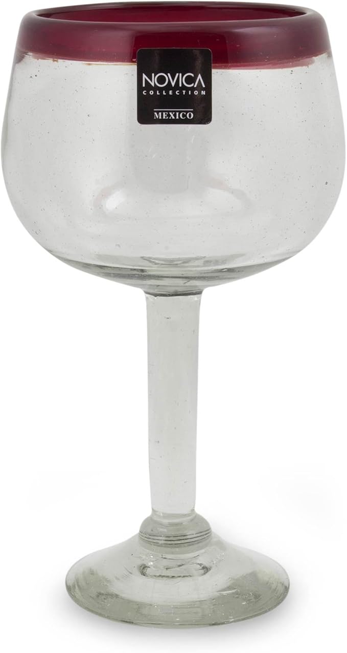 NOVICA Hand Blown Clear Red Recycled Glass Wine Glasses, 12 Oz 'Ruby Globe' (Set Of 4)