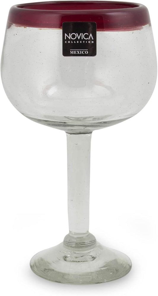 NOVICA Hand Blown Clear Red Recycled Glass Wine Glasses, 12 Oz 'Ruby Globe' (Set Of 4)