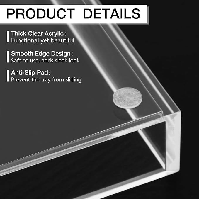 Clear Acrylic Tray 5mm Thicken for Vanity Makeup, Perfume, Jewelry Holder, Napkin, 10x5'' Decorative Serving Tray for Bathroom, Toilet Tank, Sink Countertop, Living Room,Dresser, Coffee Table,Wedding