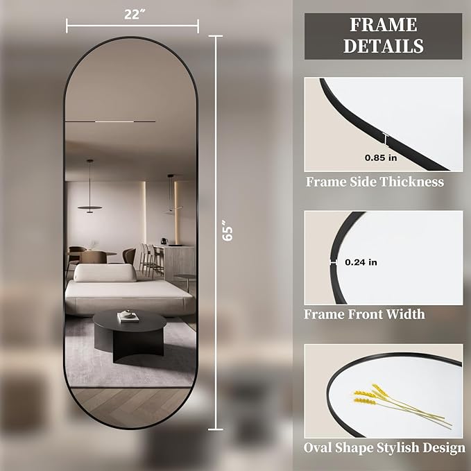 Oval Full Length Mirror, 65"×22" Wall-Mounted Mirror with Metal Frame, Ultra-Clear Explosion-Proof, Simple and Classic Deco for Cloakroom/Bedroom/Living Room, Black