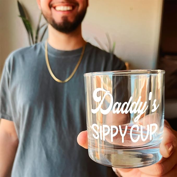 DOPTIKA Christmas Birthday Gifts For Dad, Husband Gift From Wife, 11 Oz Old Fashioned Glass For Men, Funny Gag Gifts For Men, Daddy's Sippy Cup Whiskey Glass, New Dad Gift