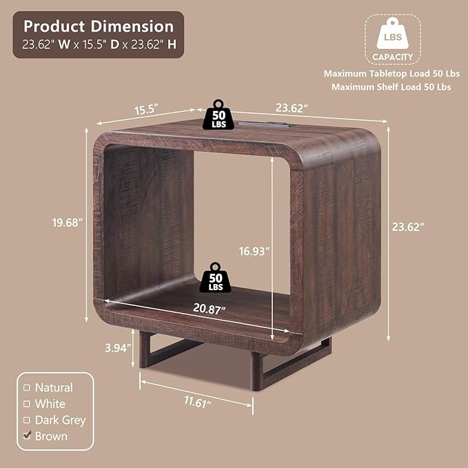 23.6" Modern End Table Set of 2, 2 Tier Side Table with Charging Station, Simple Bedside Table with Open Storage Shelf, Outlet, Wooden Nightstand for Bedroom, Living Room, Study, Brown