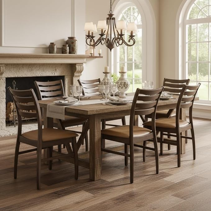 DUOMAY Farmhouse Dining Chairs Set of 6, PU Brown Upholstered Side Chairs Solid Wood Ladder Back Kitchen Chairs for Home Dining Room, Walnut Frame