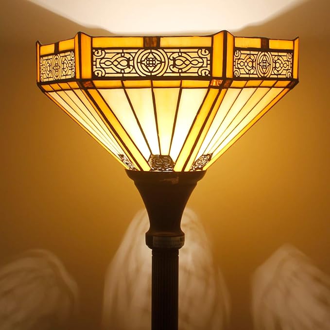 WERFACTORY Tiffany Floor Lamp Yellow Hexagon Stained Glass Mission Light 12X12X71 Inches Torchiere Standing Corner Torch Uplight Decor Bedroom Living Room Home Office S011 Series