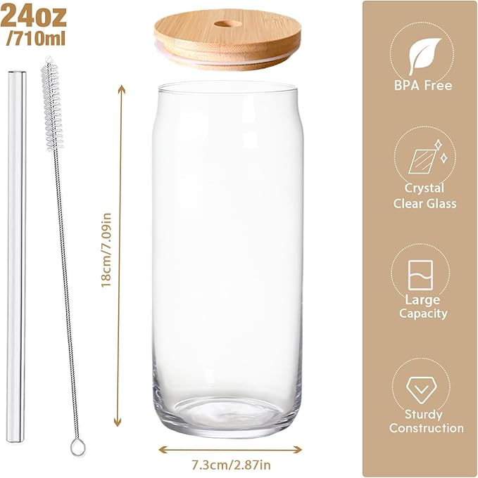 24oz Drinking Glass with Bamboo Lid and Straw, 2 Pack Glass Tumbler for Beer, Iced Coffee, Matcha Cup with 2 Straw Brush