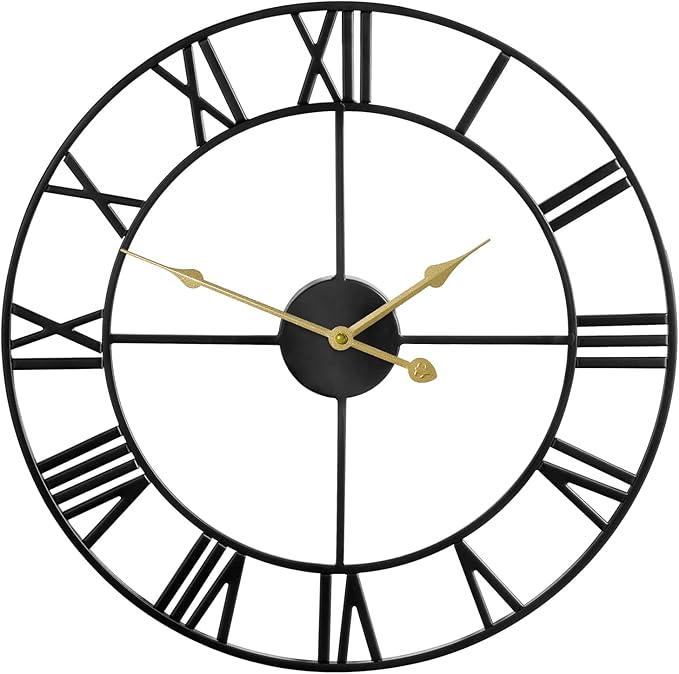 1st owned Large Wall Clock, Metal Retro Roman Numeral Clock, Modern Round Silent Wall Clocks, Easy to Read for Living Room/Home/Kitchen/Bedroom/Office/School Decor (Black, 32 Inch)
