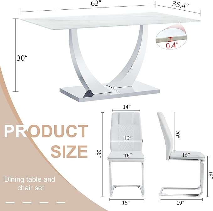 AZmac 63" Modern Dining Table Set for 4, White Dining Room Set for 4, Tempered Glass Kitchen Table and PU Leather Chairs, Marble Pattern Top with Sturdy Silver Chrome Base