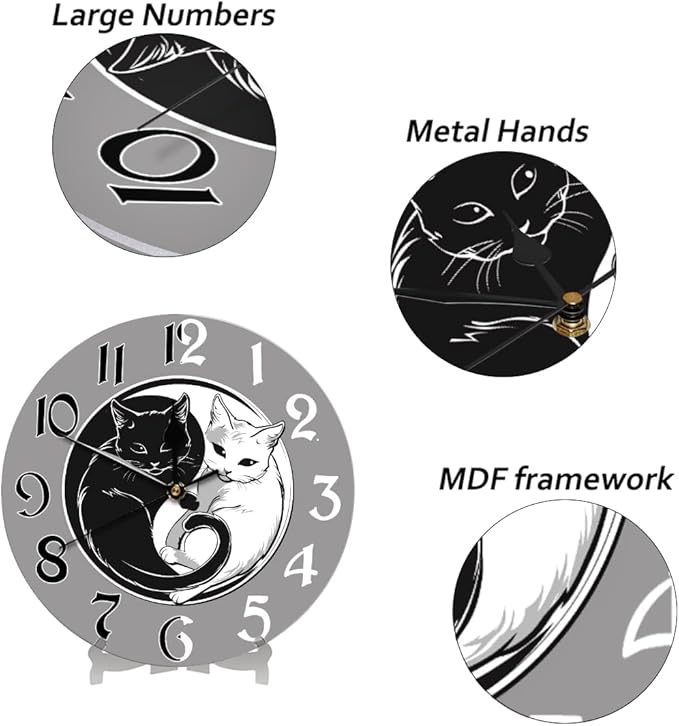 Ying Yang Tai Chi Cat Wall Clock Battery Operated 10 in Round Wall Clocks Slilent Non Ticking Quartz Analog Clock for Bedroom Kids Living Room Classroom Decor