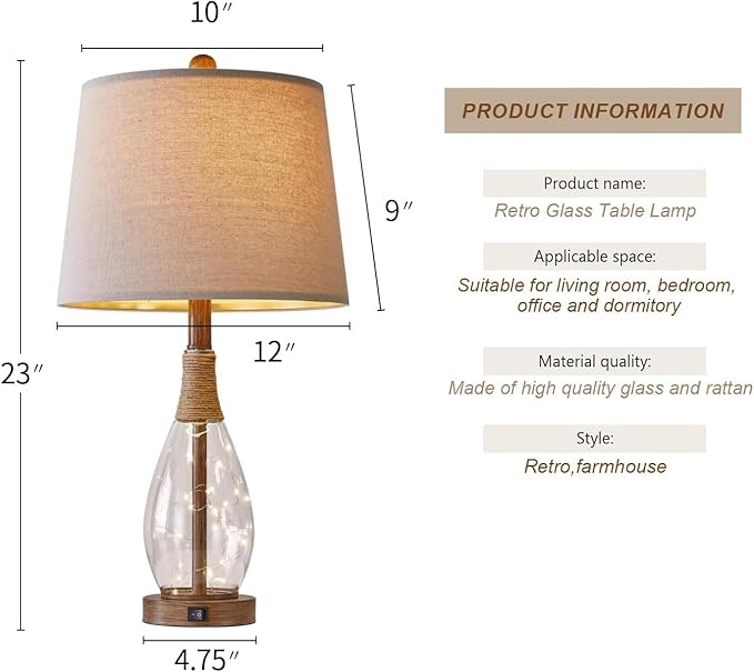 OYEARS 23" USB A+C Table Lamp Set of 2 Modern Bedside Lamps Retro Farmhouse Rattan Glass Nightstand Nightlight Lamps for Bedroom Living Room Dorm,Two Light Points