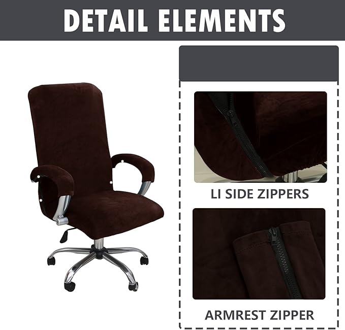 Velvet Plush Office Desk Chair Cover - Cat Proof Stretchable Elastic Comfy Protector for Ergonomic Office Chair with Wheels and Armrests, Fits Mesh and Executive Office Chairs,Removable,Coffee,XL