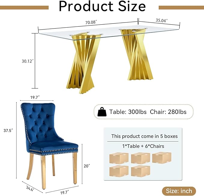 Goujxcy 70" Glass Dining Table Set for 6, Modern Gold Dining Table Set with 6 Blue Velvet Upholstered Dining Chairs, 7 Piece Kitchen Dining Room Table Set with Stainless Steel Legs