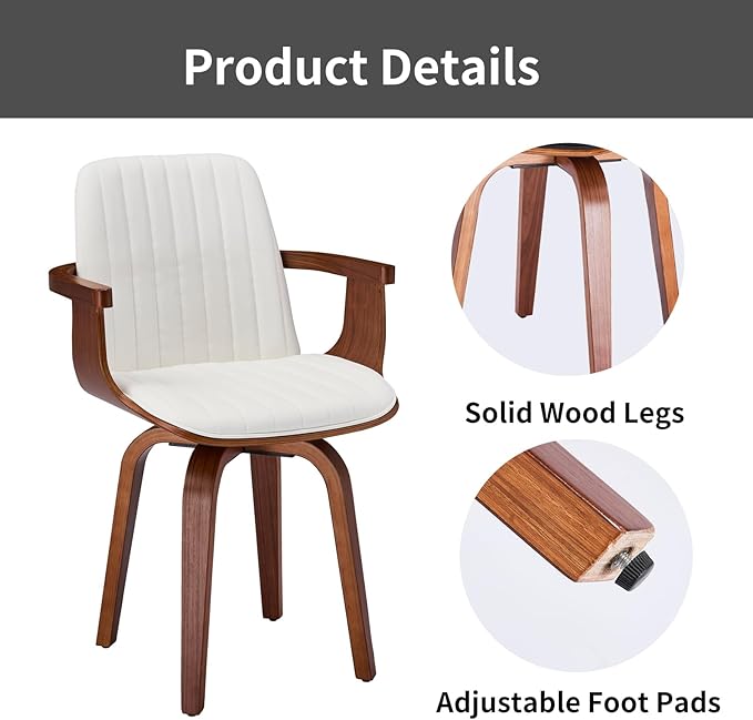Swivel Dining Chairs Set of 2 - Mid Century Modern Kitchen Chairs for Dining Room, Upholstered PU Leather Chairs with Walnut Arms and Legs, White