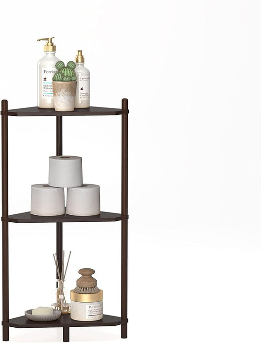 Wisuce Corner Shelf Stand - 3 Tier Bamboo Small Corner Bookshelf, Brown (Color Issue Fixed), for Office Kitchen Bedroom Plant Stand Living Room Decor Small Space