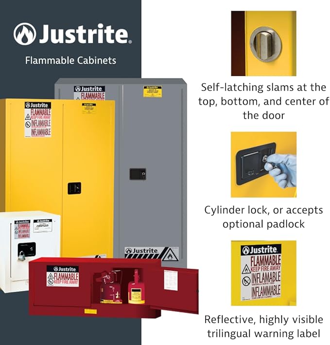Justrite 17 Gallon Manual Close Piggyback Flammable Storage Cabinet, 18 Gauge Steel, 1 Shelf, 2 Door Fire Cabinet, 24" x 43" x 18", Made in The USA, Red, 891701