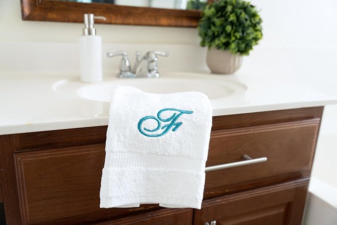 White Monogrammed Hand Towels for Bathroom - Luxury Hotel Quality Personalized Initial Embroidered Towel for Powder Room, Spa - GOTS Organic Certified - Pack of 2 Teal, Letter F