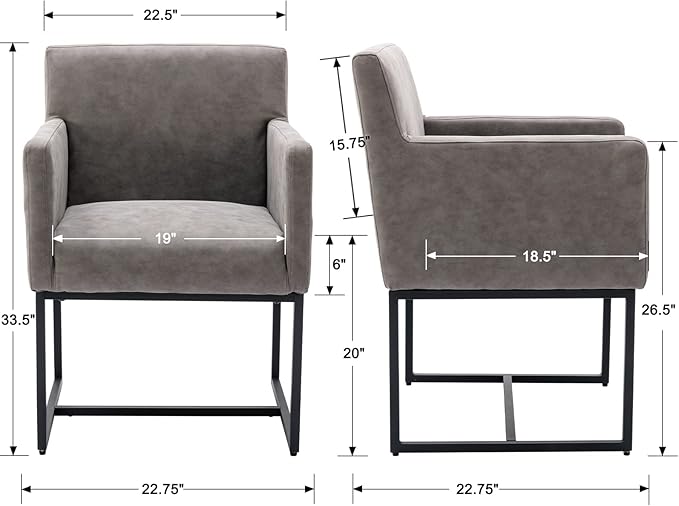 Set of 2 Upholstered Dining Chairs with Armrest, PU Leather Modern Accent Armchairs, Kitchen & Dining Room Chairs Side Chairs, Grey