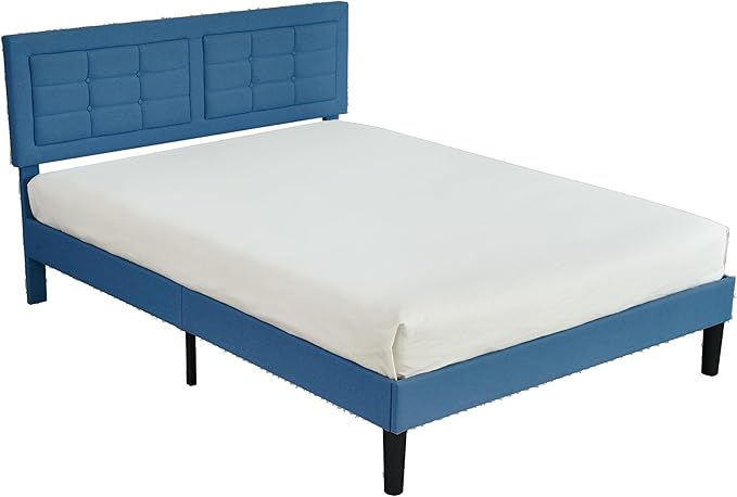 VECELO Queen Size Bed Frame with Adjustable Headboard, Upholstered Button Tufted Platform Bedframe with Wood Slats Support, No Box Spring Needed, Aegean Blue