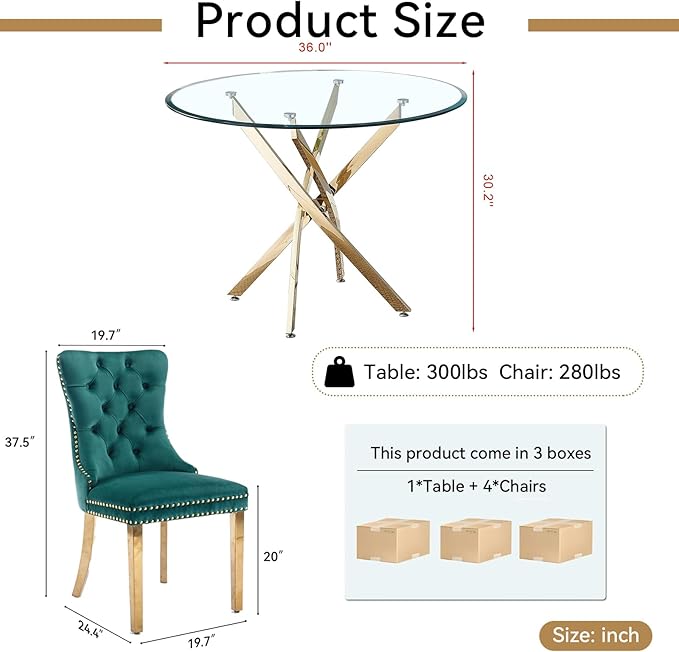Goujxcy 5 Piece Round Glass Dining Table Set for 4, 36" Round Dining Table & Chair Set Modern Circle Glass Kitchen Table and 4 Velvet Upholstered Chairs for Kitchen Dining (Gold Table & Green Chair)