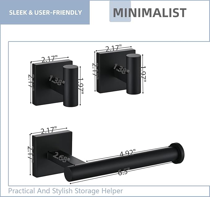 Toilet Paper Roll Holder Stand with 2 Robe Towel Hooks,Wall Mounted Matte Black 3 Piece Bathroom Hardware Set, SUS 304 Stainless Steel, Drilling Hole Bath Accessories (Black)