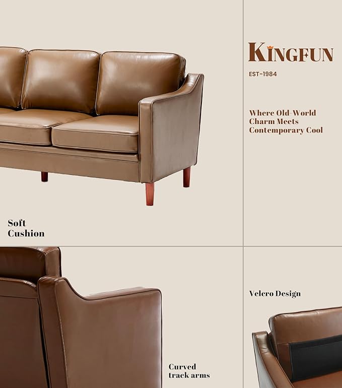 Kingfun 80" Faux Leather Sofa, 3 Seater Couch, Mid Century Modern Couch with Solid Wood Frame for Living Room & Bedroom, Brown