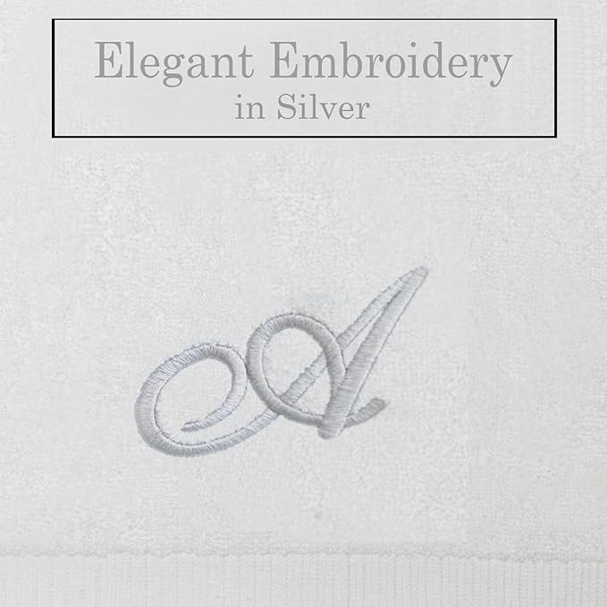 White Monogrammed Hand Towels for Bathroom - Luxury Hotel Quality Personalized Initial Embroidered Towel for Powder Room, Spa - GOTS Organic Certified - Pack of 2 Silver, Letter A