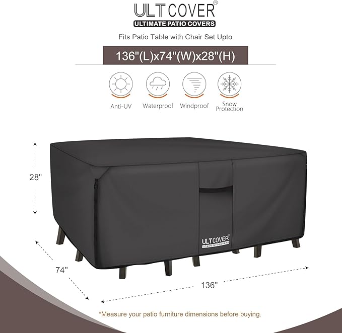 ULTCOVER 600D Tough Canvas Heavy Duty Rectangular Patio Table and Chair Cover - Waterproof Outdoor General Purpose Furniture Covers 136 x 74 inch, Black