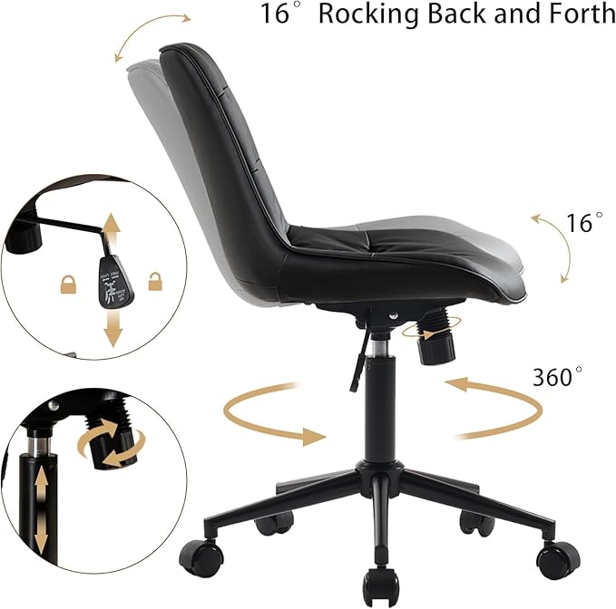 Kidol & Shellder Faux Leather Office Chair, Adjustable Swivel Height Task Chair, Rolling Wheels & Soft Backrest - Armless Ergonomic Desk Chair for Home, Office,Vanity,Gaming（Black）