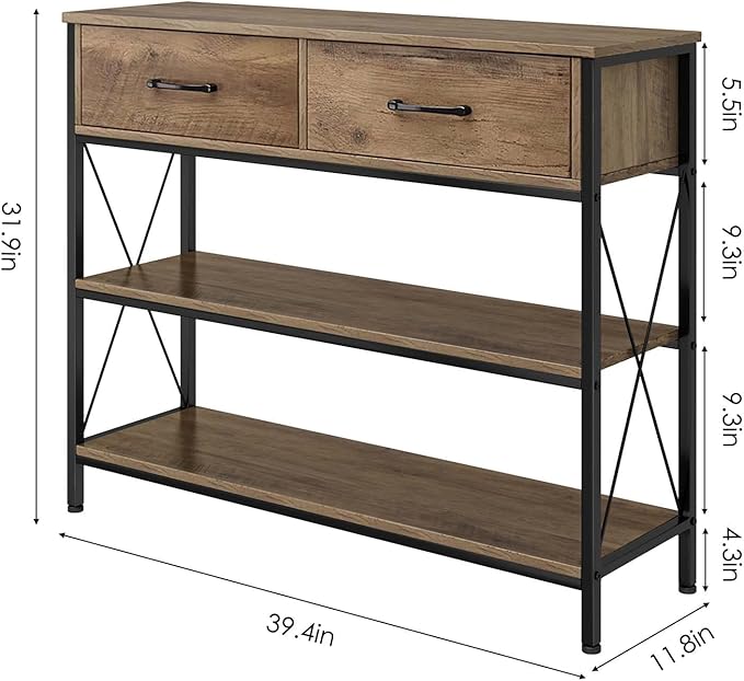 HITHOS Industrial Console Table with Drawers, Vintage Hallway Foyer Table with Storage Shelves, Narrow Long Sofa Entryway Table for Living Room, Rustic Brown