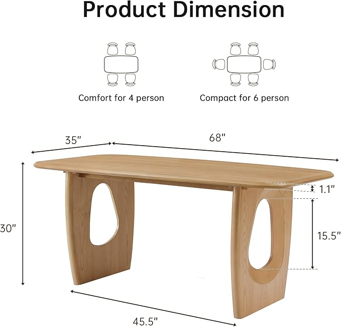 Morden Fort Modern Dining Table Set for 6, 68'' Rectangle Dining Table with 6 Chairs, Kitchen Table with Pedestal Base, Dinner Table for Dining Room, Kitchen, Living Room (Natural)