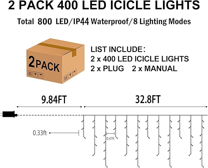 Hezbjiti 2Pack Total 800LED Ice Lights 33FT Christmas Lights String Lights Outdoor Decoration 8 Modes 150 Drops Fairy Lights for Eaves Party Yard Garden Xmas Decor（Cold White）