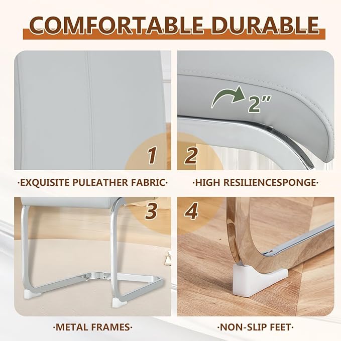 63'' Glass Dining Table Set for 6, Kitchen Table Chairs Set of 6, Clear Glass Dining Table with White unique design Leg and Silver Metal Base, 6 PU Dining Chairs with Metal Legs, Living Room, Kitchen.