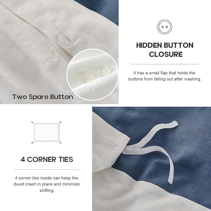 Simple&Opulence French Linen Duvet Cover Set with Stripe 88”x92”, 3 Pieces(1 Comforter Cover and 2 Pillow Shams) Rustic Natural Flax Cotton Blend(Queen,White and Navy)