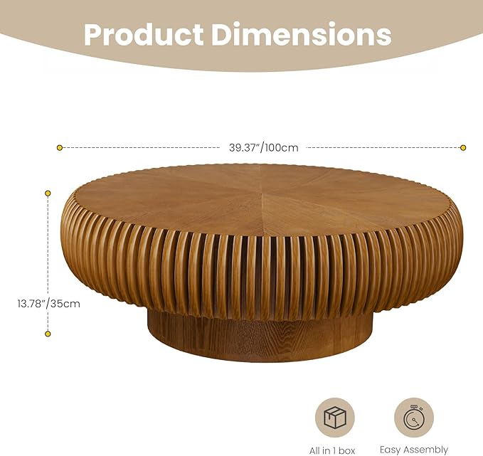 Round Fluted Coffee Table Modern Handcraft Drum Coffee Table with Sturdy Pedestal 31.5" Farmhouse Center Table Tea Table for Living Room, Reception Room, Entertainment Room (Brown 39.37inch)