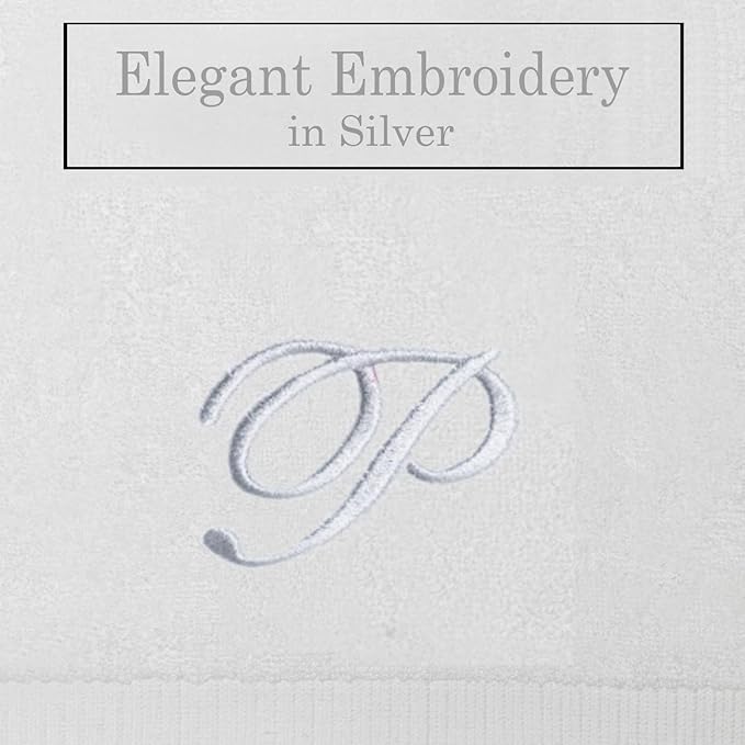 White Monogrammed Hand Towels for Bathroom - Luxury Hotel Quality Personalized Initial Embroidered Towel for Powder Room, Spa - GOTS Organic Certified - Set of 2 Silver Letter P