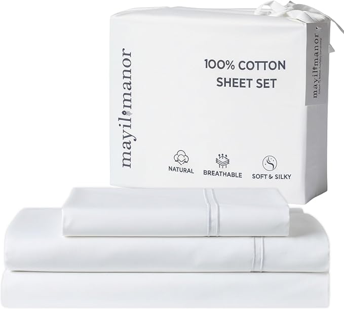 100% Natural Cotton Bed Sheets | 500 TC Single-Ply Sateen Weave Twin Sheets Set | Soft, Breathable, Hypoallergenic Solid 3-Piece Bedding with Deep Pocket Fitted, Flat, Pillowcase | White