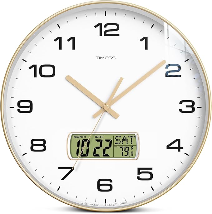 Wall Clock, 12" Dial Non-Ticking Silent Battery Operated Analog with LCD Display for Perpetual Calendar and F° Temperature, Ideal Modern Home, Bedroom, Kitchen, Office Decor (Gold)