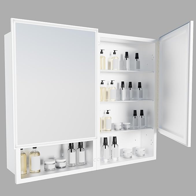 32x26 InchMedicine Cabinet with Mirror, Bathroom Mirrored Cabinet with Double Doors, Extra Storage Space, Bevel Mirror Wall Cabinet, Recessed or Surface Mount