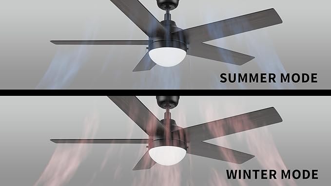 CEME 52" Ceiling Fan with Light Low Profile, DC 5 Speeds Silent Ceiling Fan with Remote, 5 Dual Finish Blades, 3 Light Colors Dimmable LED for Bedroom Room, Black