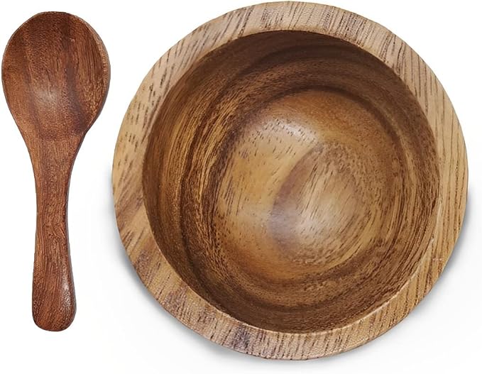 Set of 4 Small Round Acacia Wooden Bowls 2⅞ Inch Diameter With Spoons - Stackable Mixing Bowl for Salad Soup Snack Salsa Dip Sauce Charcuterie Wood Tableware Sets for Decor and Serving